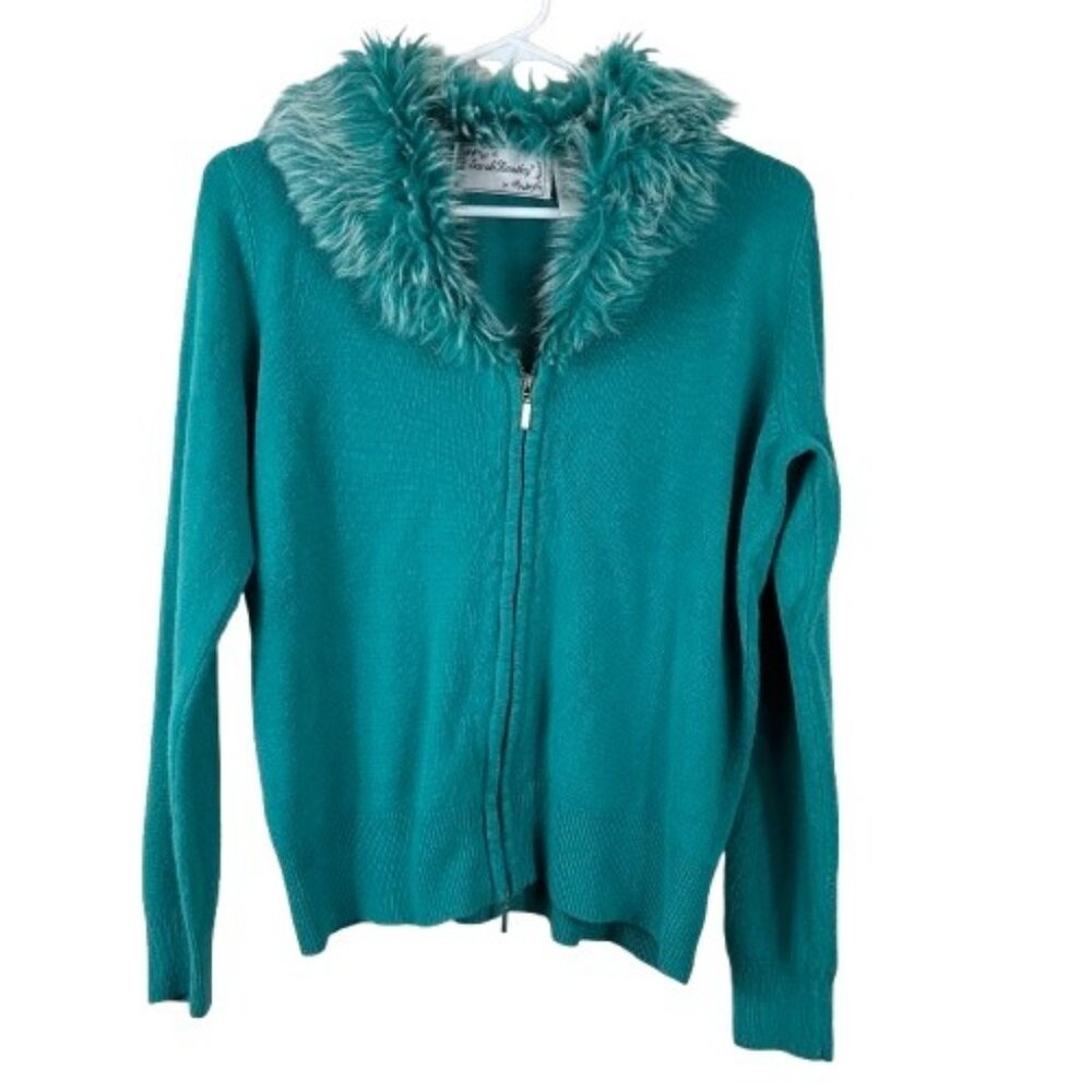 VTG 90s Sarah Bentley Faux Fur Collar Full Zip Sweater Teal Green Sz M Cottageco